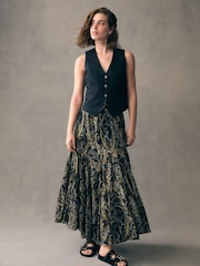 Black/Green 100% Cotton Boho Tiered Midi Skirt - Image 1 of 8