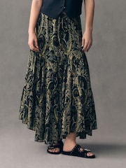 Black/Green 100% Cotton Boho Tiered Midi Skirt - Image 2 of 8
