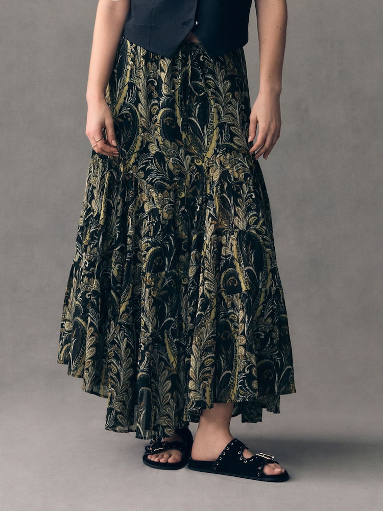Schwarz & Grün - Boho Tiered Midi Skirt - Bild 2 von 8 Schwarz & Grün - Boho Tiered Midi Skirt - Bild 2 von 8