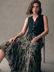 Black/Green 100% Cotton Boho Tiered Midi Skirt - Image 3 of 8