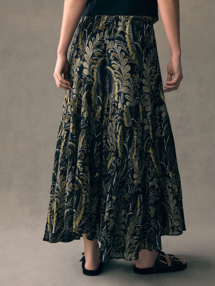 Black/Green Boho Tiered Midi Skirt - Image 4 of 8