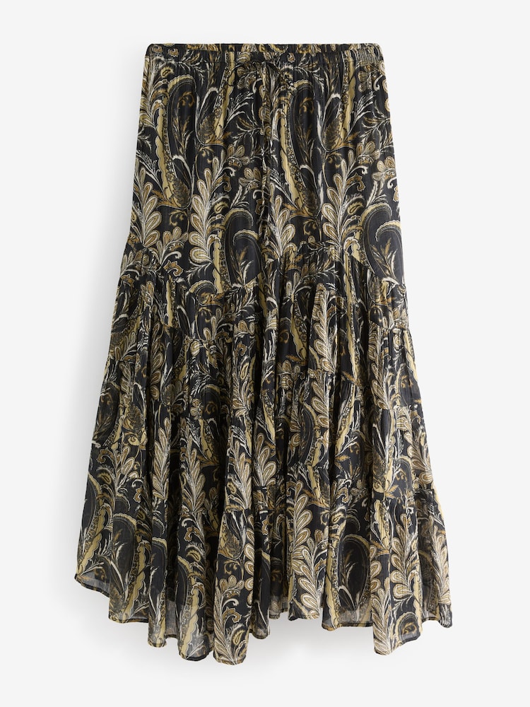Black/Green Boho Tiered Midi Skirt - Image 6 of 8