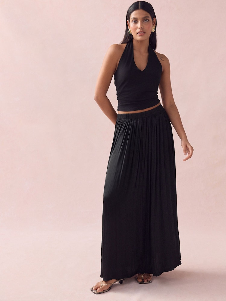 Black Pleated Satin Maxi Skirt - Image 1 of 5 Black Pleated Satin Maxi Skirt - Image 1 of 5