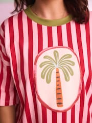 Eleanor Bowmer Pink/Red Stripe Palm 100% Cotton Pyjamas Set - Image 4 of 7
