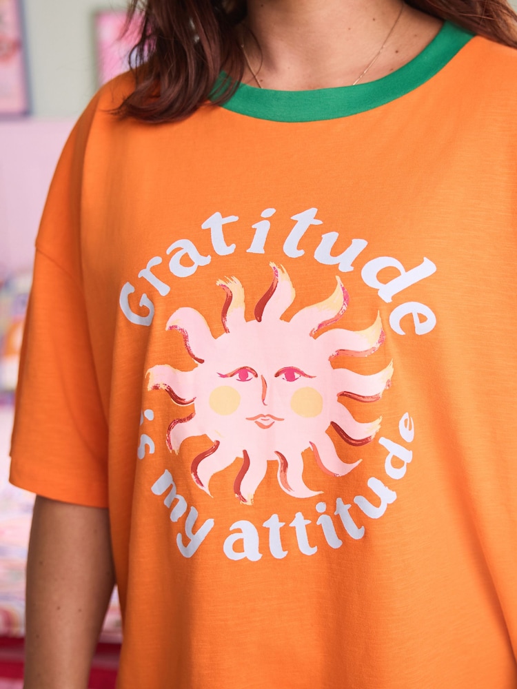 Eleanor Bowmer Orange/Pink Graphic 100% Cotton T-Shirt Pyjamas Set - Image 5 of 6