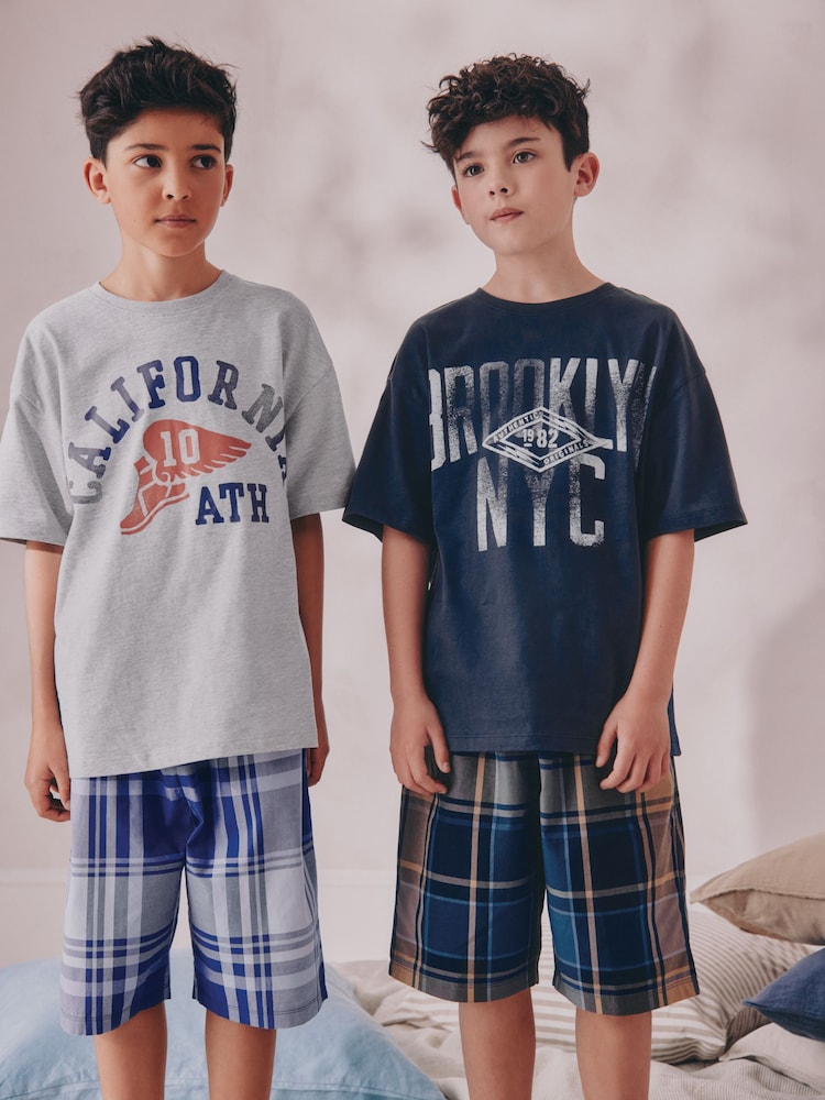 Navy/ Grey Varsity Check Woven Short Pyjamas 2 Pack (4-16yrs) - Image 1 of 8