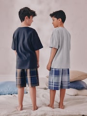 Navy/ Grey Varsity Check Woven Short Pyjamas 2 Pack (4-16yrs) - Image 2 of 8