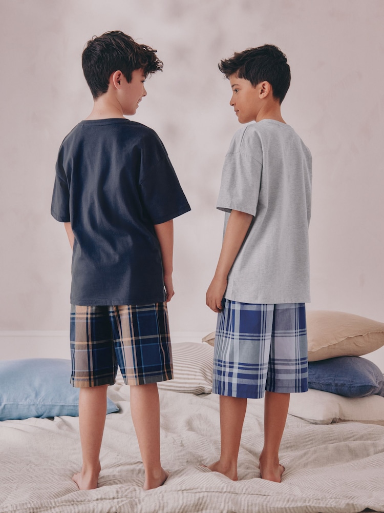 Navy/ Grey Varsity Check Woven Short Pyjamas 2 Pack (4-16yrs) - Image 2 of 8