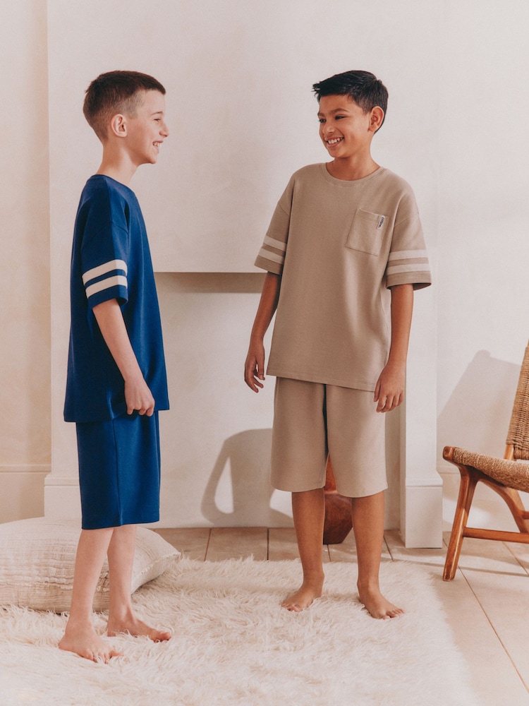 Stone/ Navy Blue 100% Cotton Short Pyjamas 2 Pack (3-16yrs) - Image 1 of 1