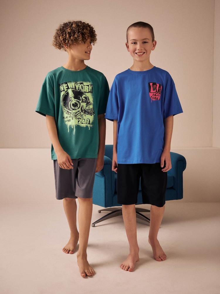 Blue/ Green Cities Short Pyjamas 2 Pack (3-16yrs) - Image 1 of 7