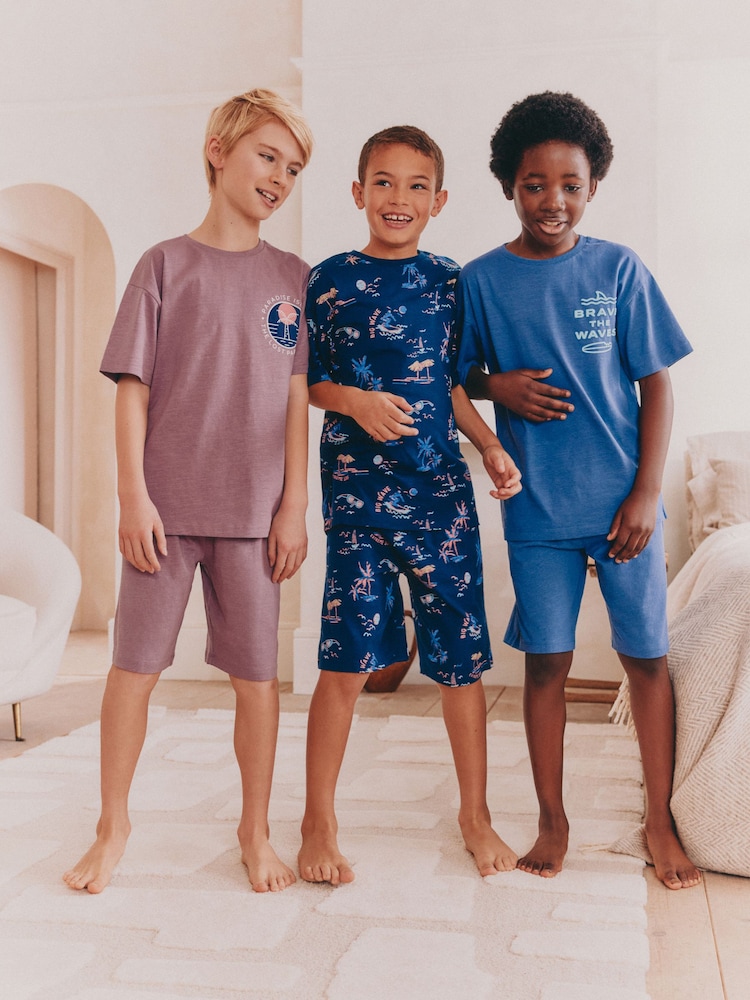 Navy/ Purple Waves Short Pyjamas 3 Pack (3-16yrs) - Image 1 of 12