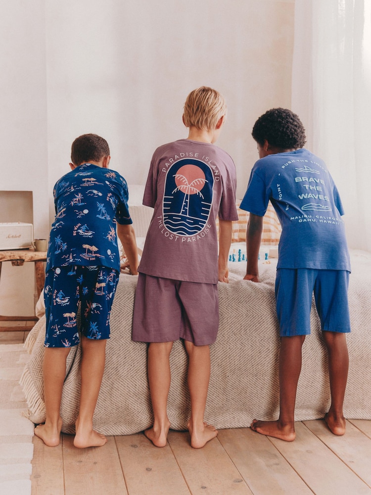 Navy/ Purple Waves Short Pyjamas 3 Pack (3-16yrs) - Image 2 of 12