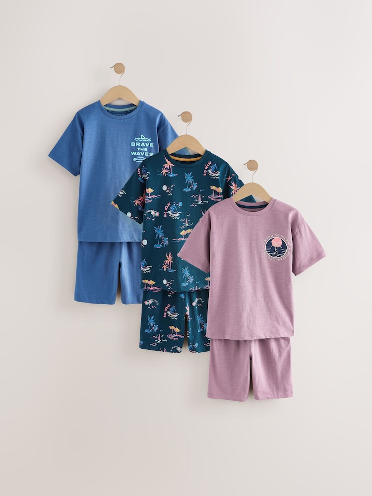 Navy/ Purple Waves 100% Cotton Short Pyjamas 3 Pack (3-16yrs) - Image 6 of 12