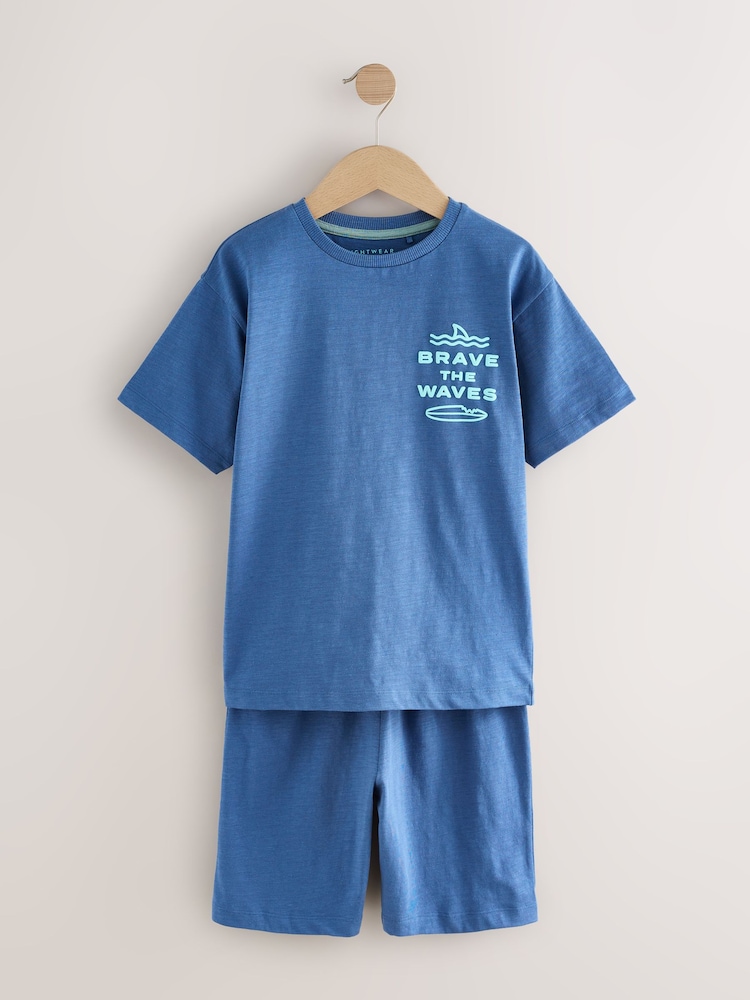 Navy/ Purple Waves 100% Cotton Short Pyjamas 3 Pack (3-16yrs) - Image 7 of 12