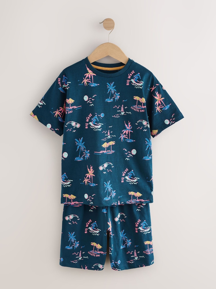 Navy/ Purple Waves 100% Cotton Short Pyjamas 3 Pack (3-16yrs) - Image 8 of 12