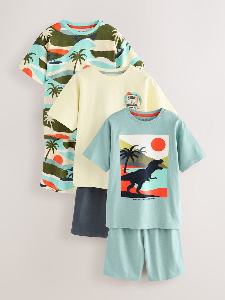 Turq/Cream Dino Surf 100% Cotton Short Pyjamas 3 Pack (3-14yrs) - Image 1 of 7 Turq/Cream Dino Surf 100% Cotton Short Pyjamas 3 Pack (3-14yrs) - Image 1 of 7