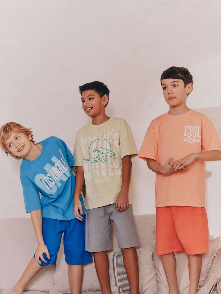 Blue/ Orange/ Lime Fluro Slogan Short Pyjamas 3 Pack (3-16yrs) - Image 1 of 5
