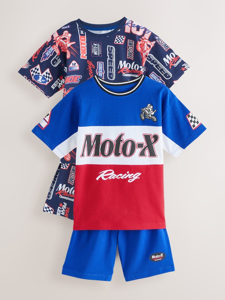 Red/Navy/White Moto Racing 100% Cotton Short Pyjamas 2 Pack (4-16yrs) - Image 1 of 7