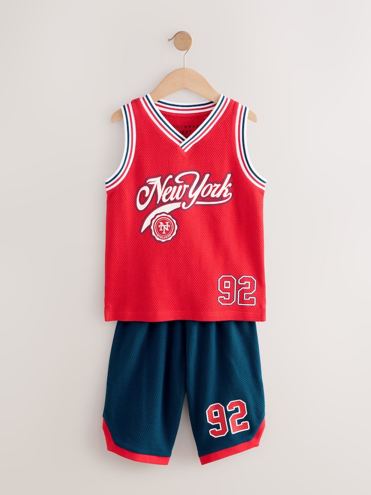 Red/Blue Basketball Single 100% Cotton Short Pyjamas (4-16yrs) - Image 1 of 5