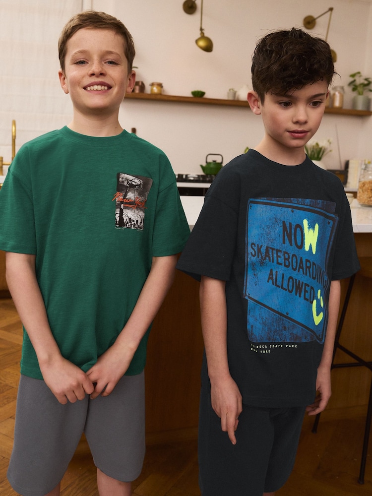 Black/Green Relaxed 100% Cotton Shorts Pyjamas 2 Pack (4-16yrs) - Image 1 of 10 Black/Green Relaxed 100% Cotton Shorts Pyjamas 2 Pack (4-16yrs) - Image 1 of 10