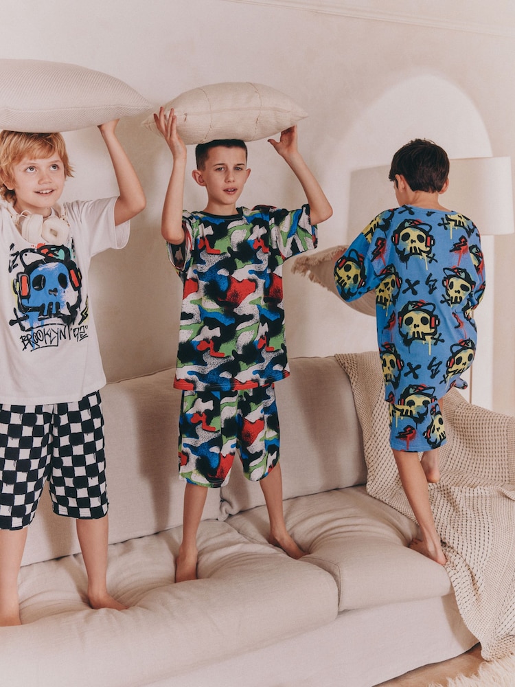 Blue/ White Graffiti Skull Short Pyjamas 3 Pack (3-16yrs) - Image 1 of 4
