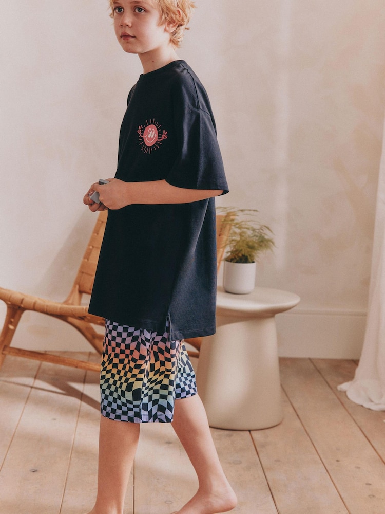 Black/Pink Slogan Single 100% Cotton Short Pyjamas (3-16yrs) - Image 1 of 3