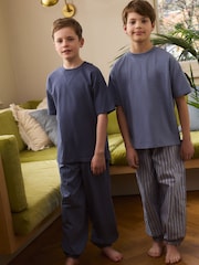 Blue/Grey 100% Cotton Short Sleeve Long Bottoms 2 Pack (3-16yrs) - Image 1 of 12
