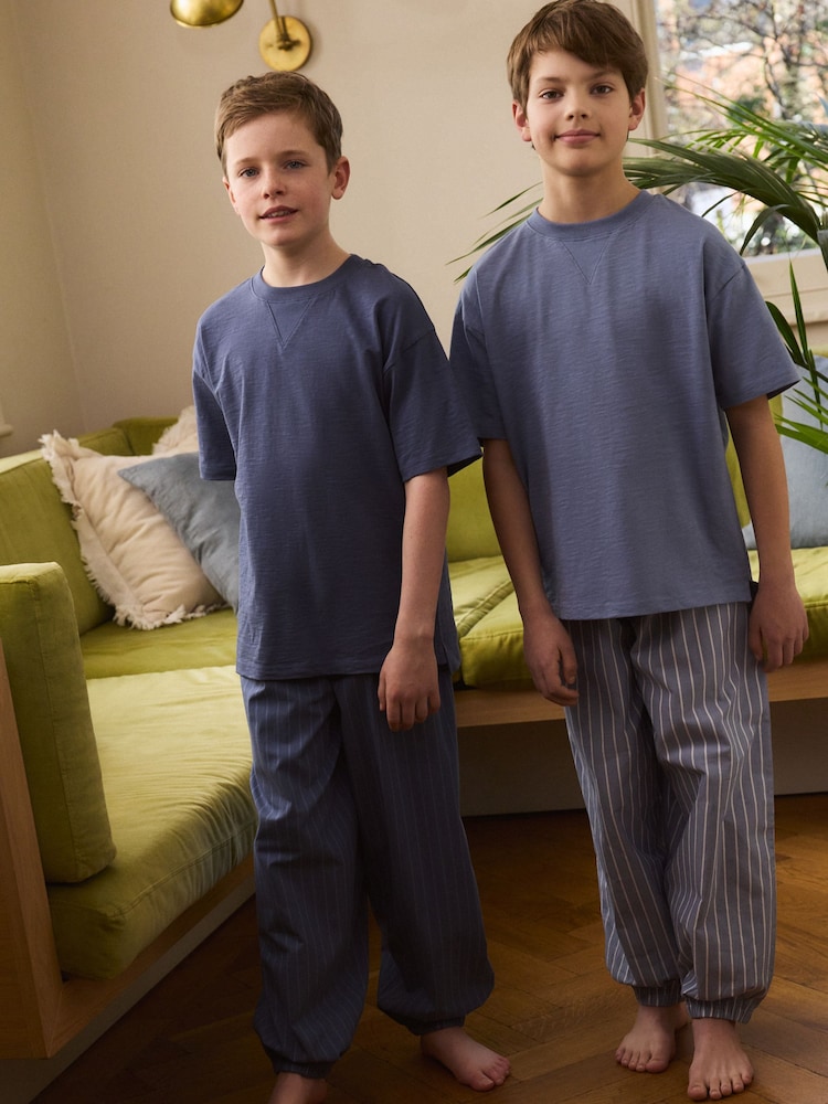 Blue/Grey 100% Cotton Short Sleeve Long Bottoms 2 Pack (3-16yrs) - Image 1 of 12 Blue/Grey 100% Cotton Short Sleeve Long Bottoms 2 Pack (3-16yrs) - Image 1 of 12