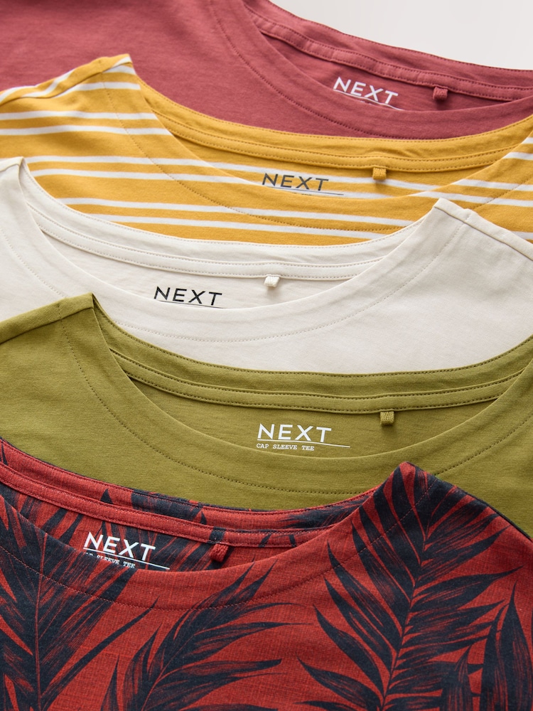 Pink/Green/White/Yellow Stripe/ Palm Print Cap Sleeve T-Shirts 5 Pack - Image 11 of 12