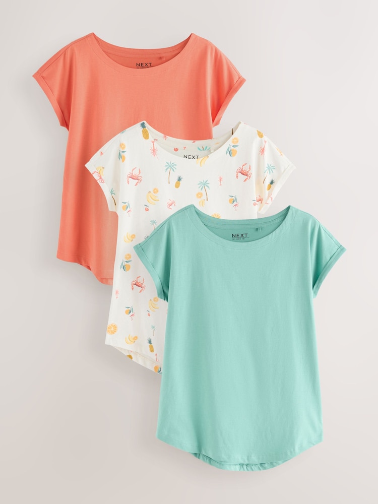 Tropical Print/Blue/Orange - حزمة من 3 تيشرتات بأكمام فوق الكتف من القطن 100% - صورة 1 من 6