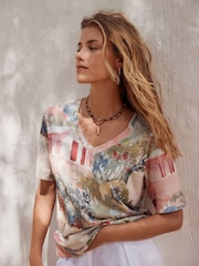 Scenic Chateu Print Cotton Modal Slouch V-Neck T-Shirt - Image 2 of 6