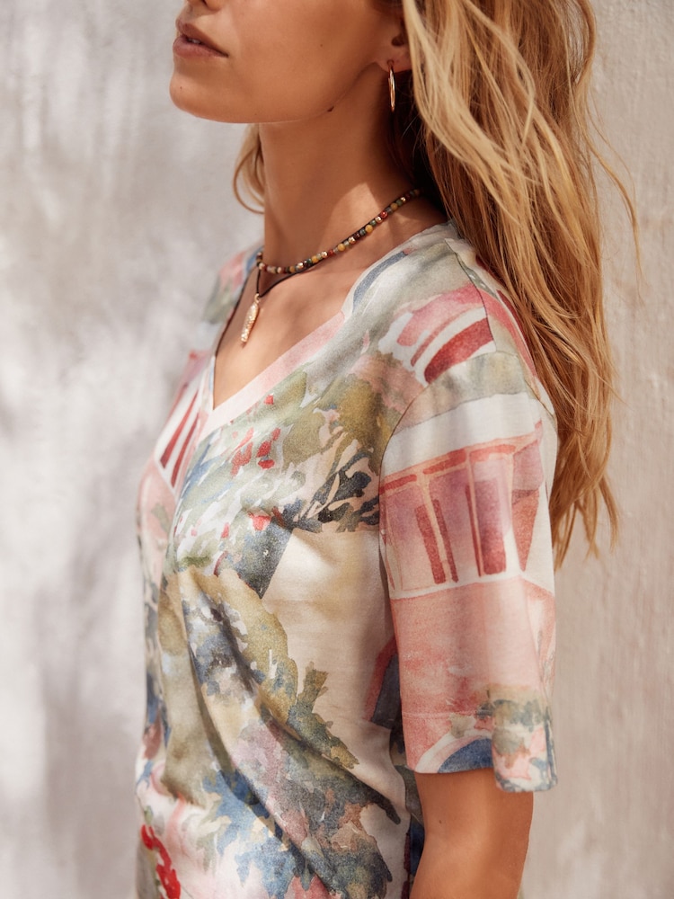 Scenic Chateu Print Cotton Modal Slouch V-Neck T-Shirt - Image 5 of 6