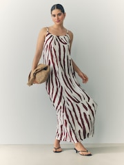 Brown/White Zebra Maxi Length Trapeze Shape Ruched Neckline Thin Vest Strap Dress - Image 1 of 9
