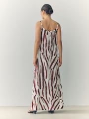 Brown/White Zebra Maxi Length Trapeze Shape Ruched Neckline Thin Vest Strap Dress - Image 3 of 9