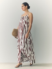 Brown/White Zebra Maxi Length Trapeze Shape Ruched Neckline Thin Vest Strap Dress - Image 4 of 9