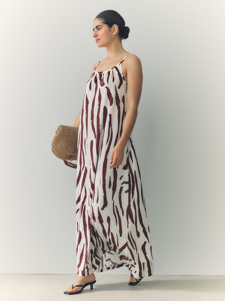 Brown/White Zebra Maxi Length Trapeze Shape Ruched Neckline Thin Vest Strap Dress - Image 4 of 9