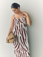 Brown/White Zebra Maxi Length Trapeze Shape Ruched Neckline Thin Vest Strap Dress - Image 5 of 9