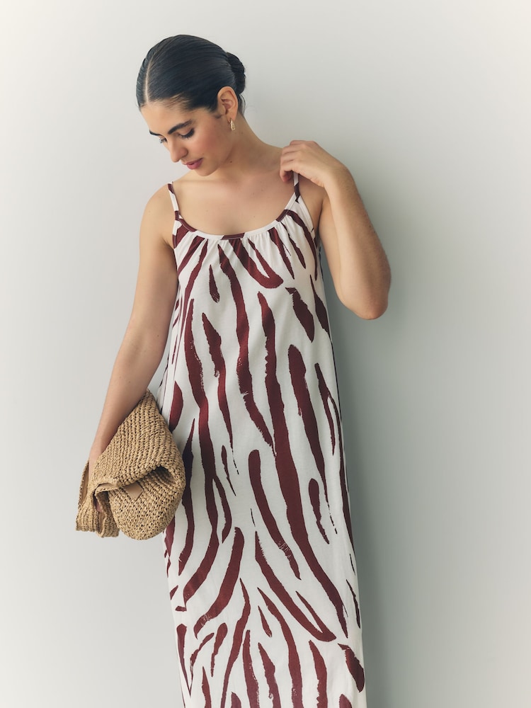 Brown/White Zebra Maxi Length Trapeze Shape Ruched Neckline Thin Vest Strap Dress - Image 5 of 9