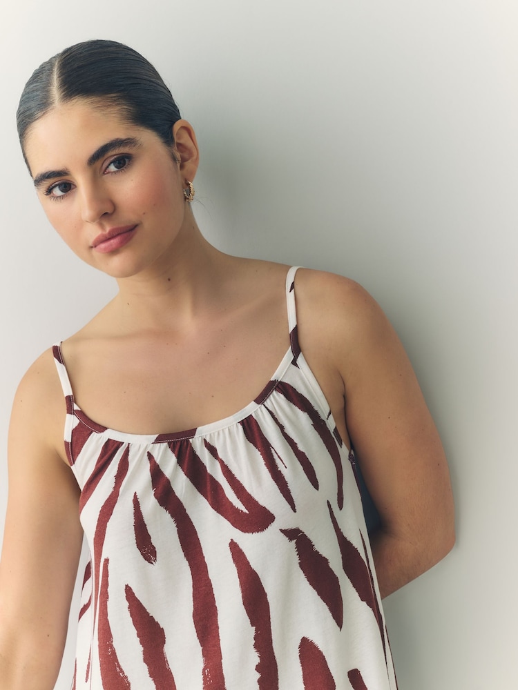 Brown/White Zebra Maxi Length Trapeze Shape Ruched Neckline Thin Vest Strap Dress - Image 6 of 9
