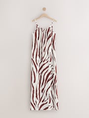 Brown/White Zebra Maxi Length Trapeze Shape Ruched Neckline Thin Vest Strap Dress - Image 7 of 9