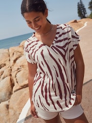 Brown/White Zebra Print V-Neck Cap Sleeve T-Shirt - Image 1 of 4
