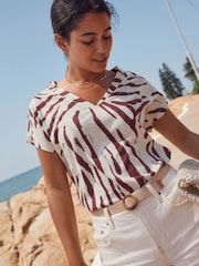 Brown/White Zebra Print V-Neck Cap Sleeve T-Shirt - Image 2 of 4