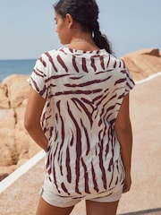 Brown/White Zebra Print V-Neck Cap Sleeve T-Shirt - Image 3 of 4
