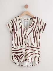 Brown/White Zebra Print V-Neck Cap Sleeve T-Shirt - Image 5 of 7