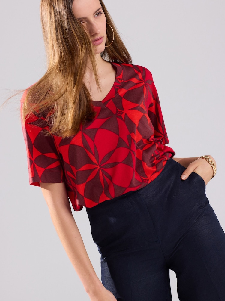 Red/Brown Tile Print Cotton Modal Slouch V-Neck T-Shirt - Image 1 of 4