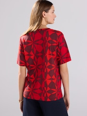 Red/Brown Tile Print Cotton Modal Slouch V-Neck T-Shirt - Image 3 of 4