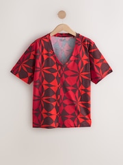Red/Brown Tile Print Cotton Modal Slouch V-Neck T-Shirt - Image 5 of 7