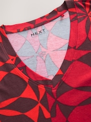 Red/Brown Tile Print Cotton Modal Slouch V-Neck T-Shirt - Image 6 of 7