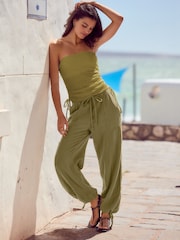 Olive Green Ruched Tie Detail 100% Cotton Boobtube Top - Image 3 of 7