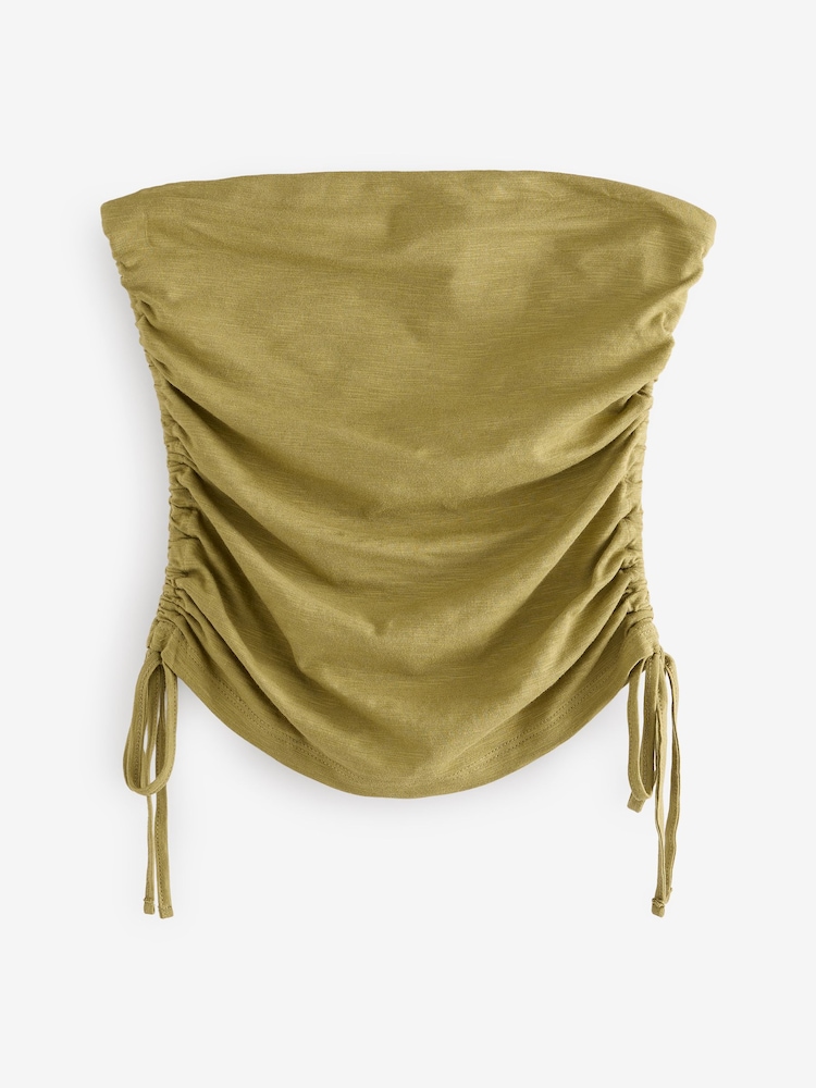 Olive Green Ruched Tie Detail 100% Cotton Boobtube Top - Image 5 of 7